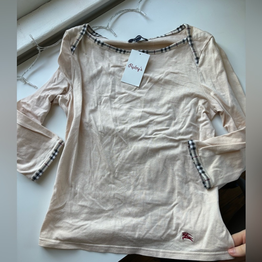 Burberry Cream Long Sleeve Top with Plaid Trim